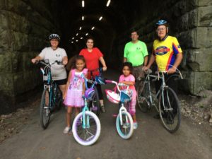 Riders at the newly-rehabbed and lighted V.A. Tunnel under Rt 98. Aug 2016. Photo credit: Diana Druga.